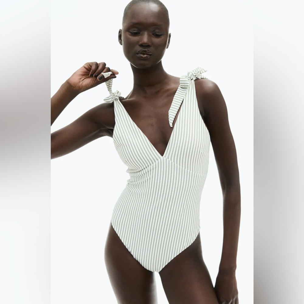 H&M Women Green White Striped High-Leg Swimsuit, Size Large, Beach, Pool